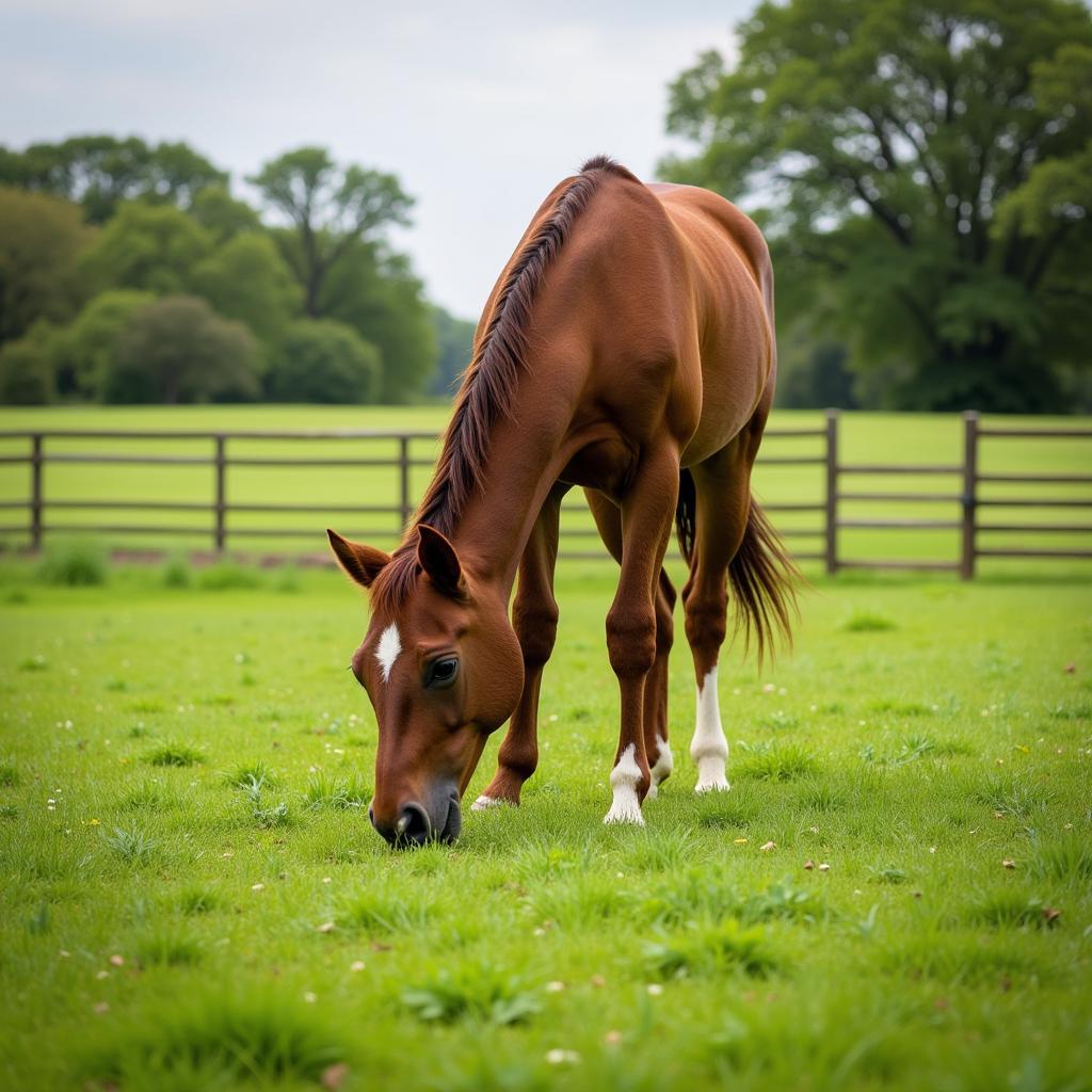 Young Horse Grazing in Pasture