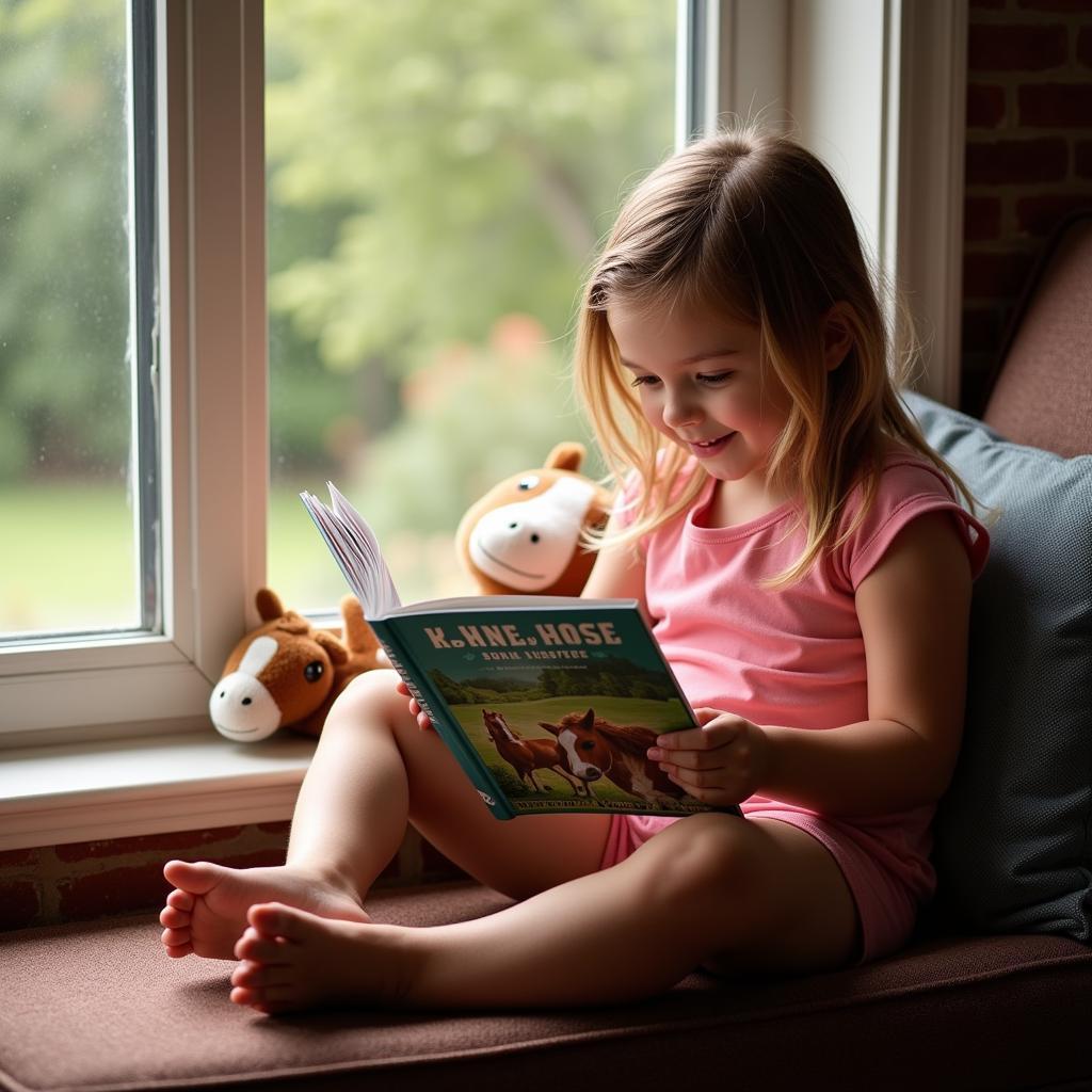 A young reader engrossed in a horse chapter book, smiling and clearly captivated by the story.