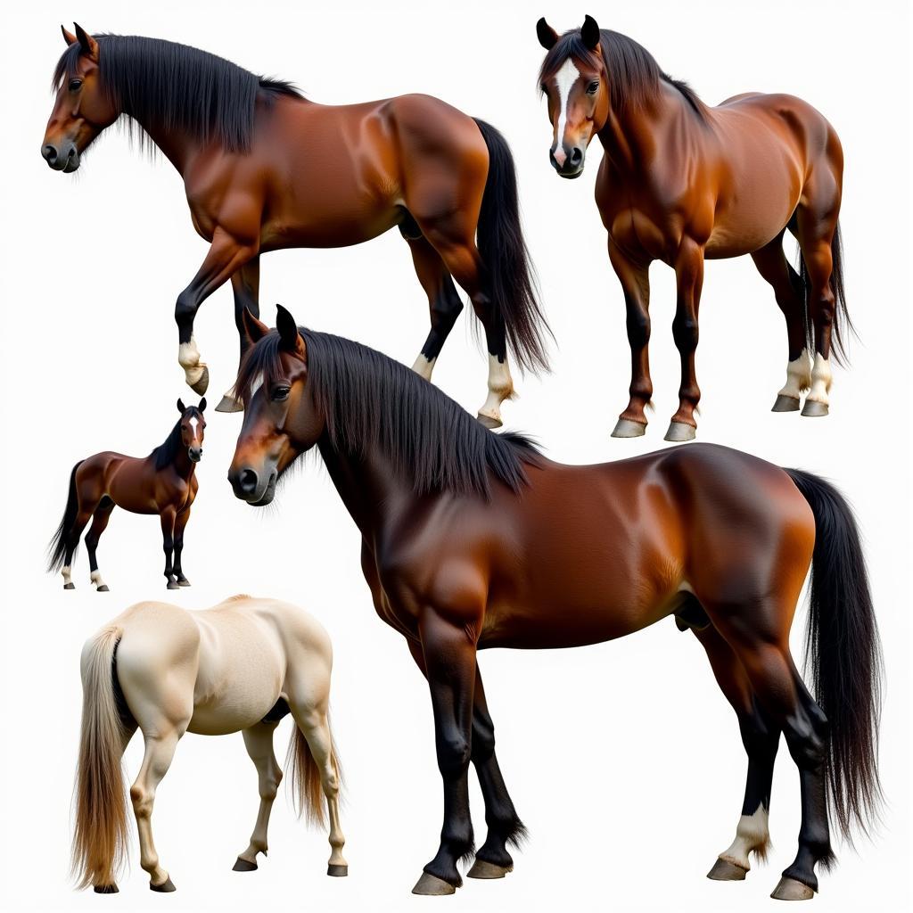 Adilia Horse Physical Characteristics: Close-up showcasing the breed's sturdy build, dense mane and tail, and various coat colors.