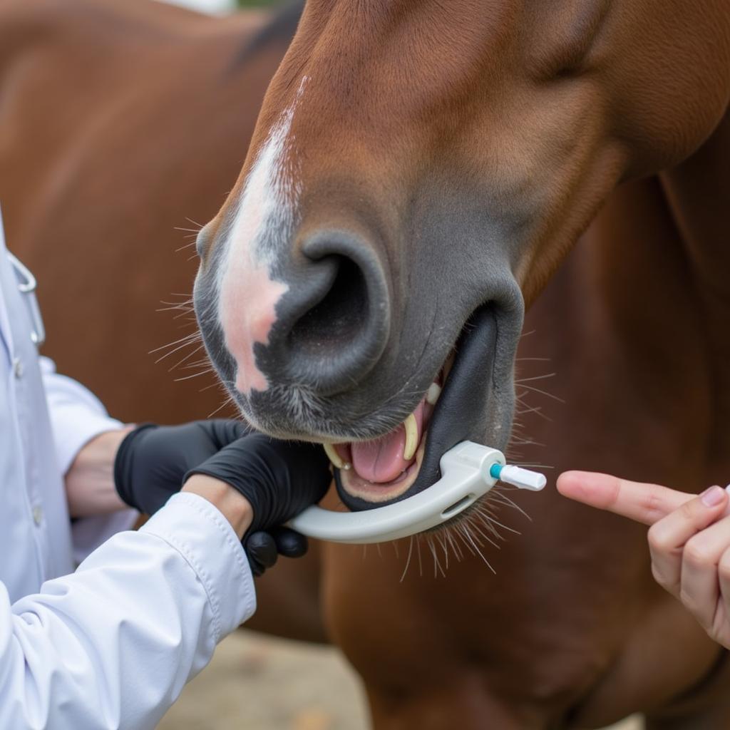 A veterinarian demonstrates the correct way to administer a firocoxib tablet to a horse.