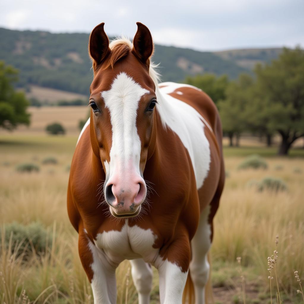 American Paint Horse for Sale in Texas - Standing majestically in a Texas field, a stunning American Paint Horse showcases its unique coat pattern, a blend of white and sorrel, with a calm and intelligent gaze.