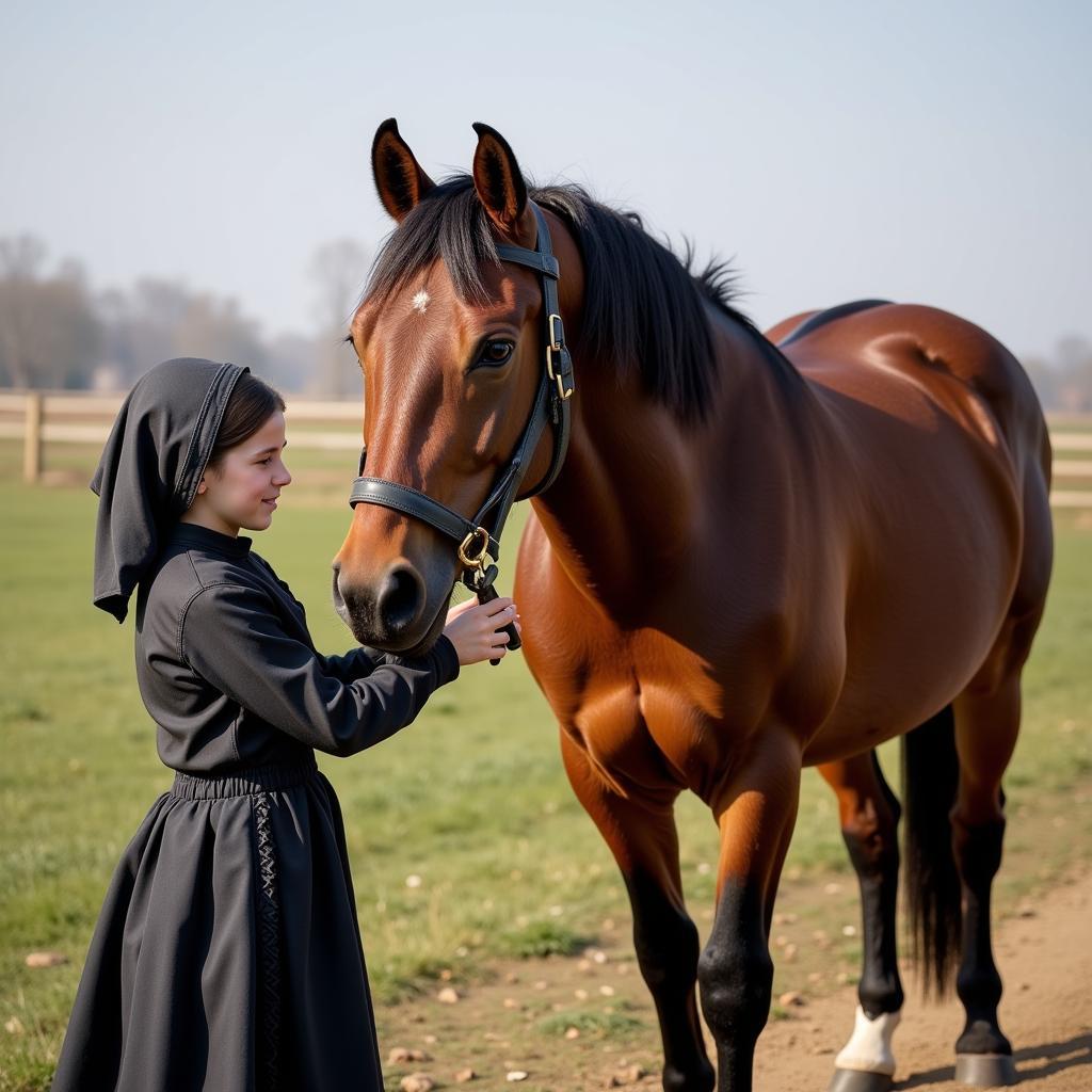 Amish Girl Grooming Horse