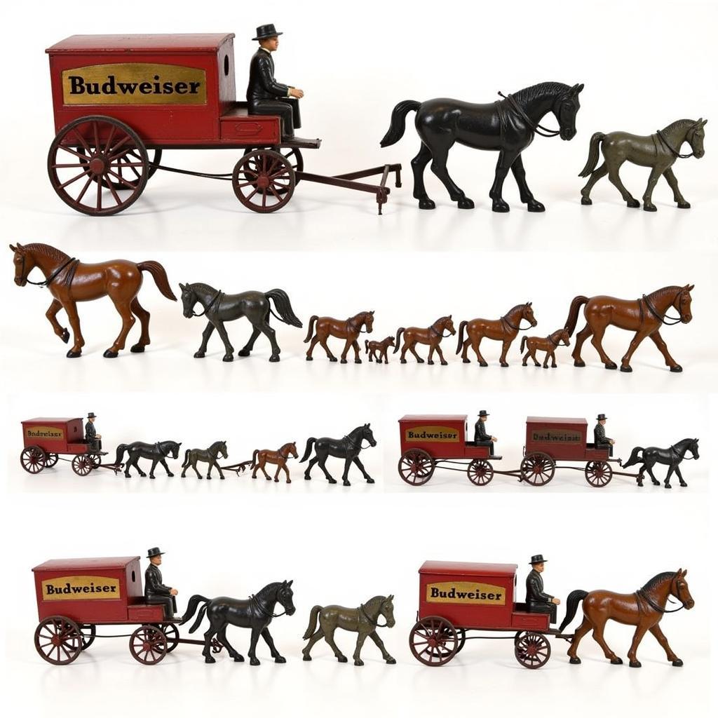 Different variations of antique Budweiser wagon and horse sets