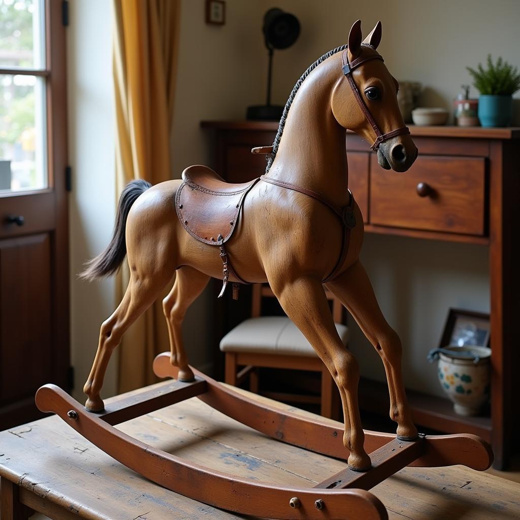 An antique wooden rocking horse, cherished as a family heirloom, showcasing the enduring quality and timeless appeal of these handcrafted toys.