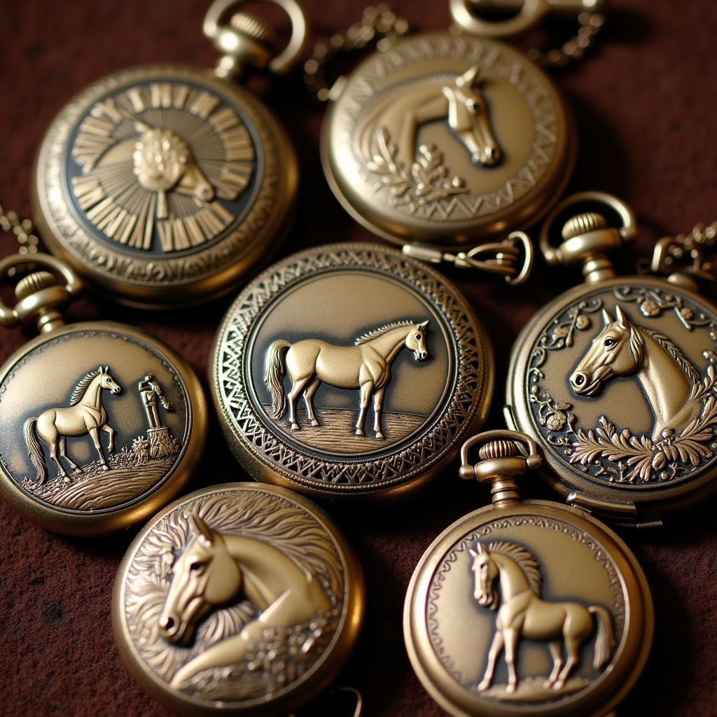 A collection of Arnex pocket watches featuring horse engravings and equestrian motifs