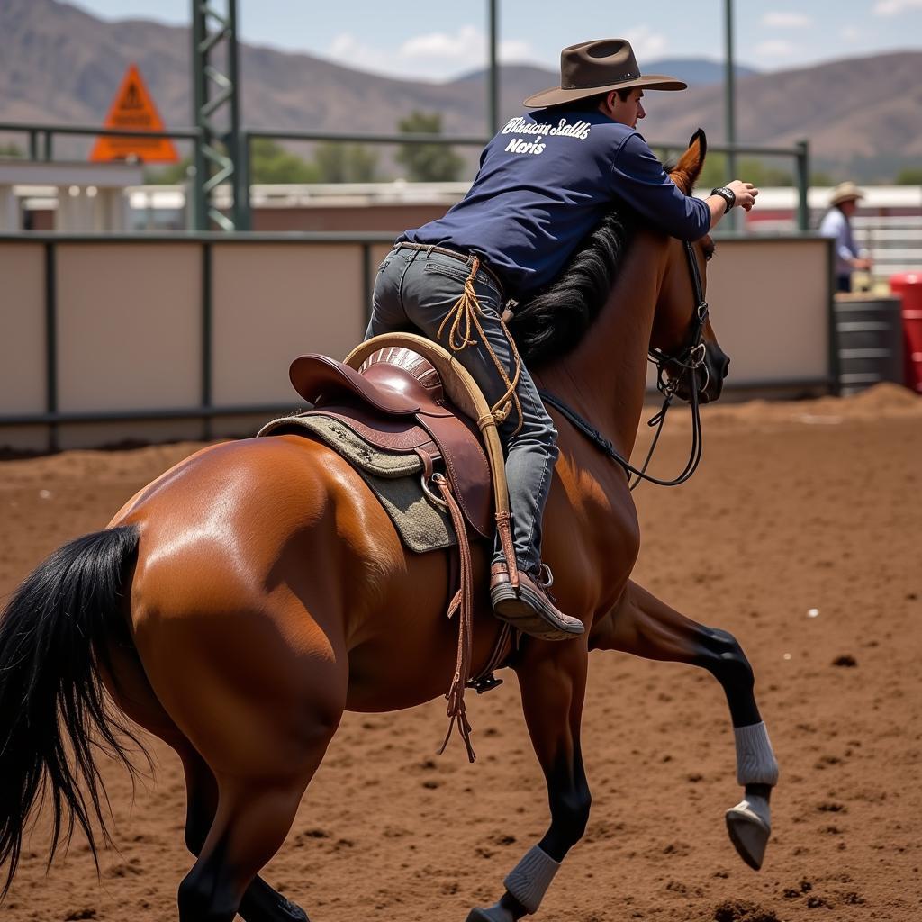 A barrel racing horse wearing a saddle pad with a funny name embroidered on it.