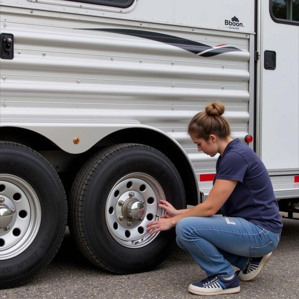 A person performing routine maintenance checks on a Bison horse trailer