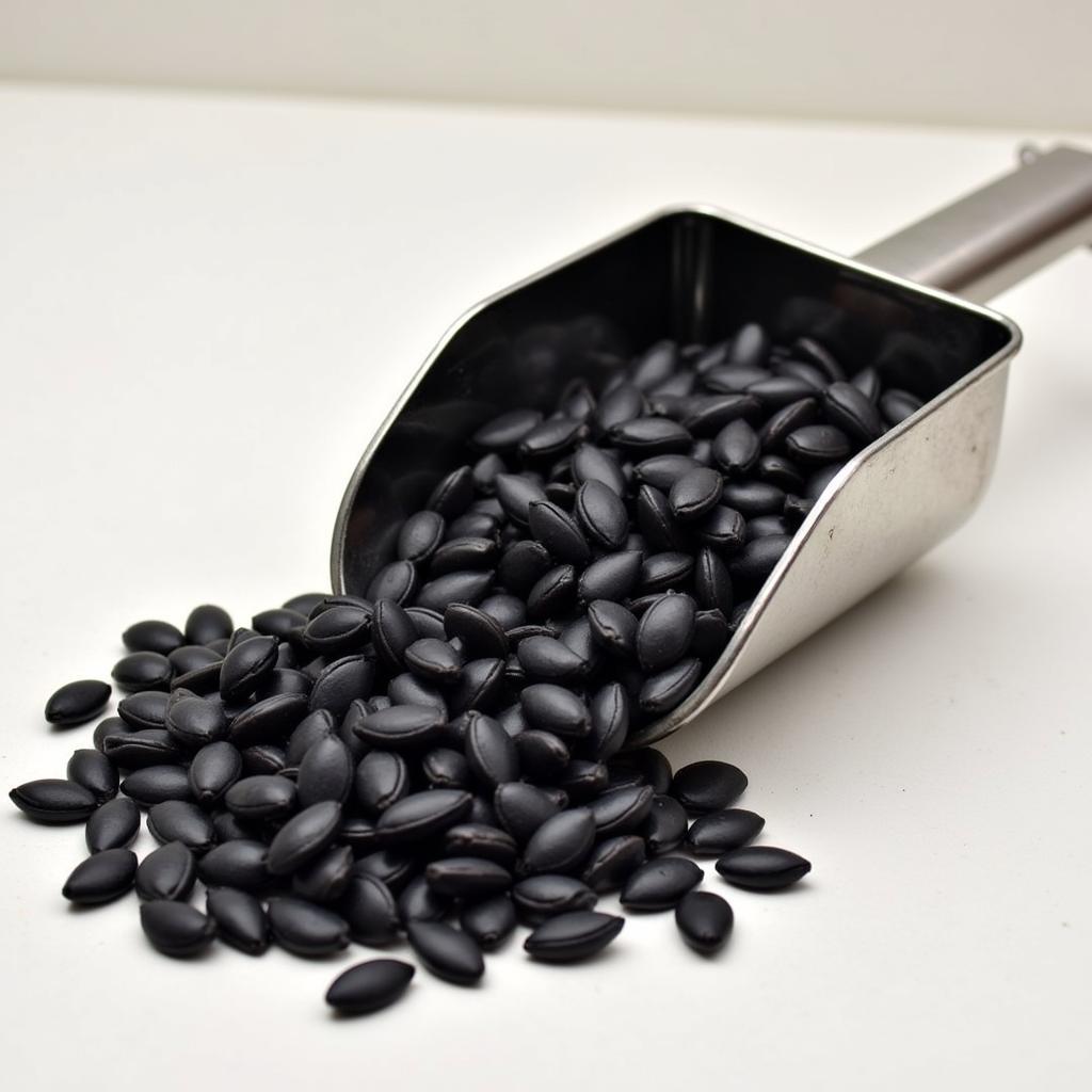 Black oil sunflower seeds poured into a feed scoop, ready for a horse.