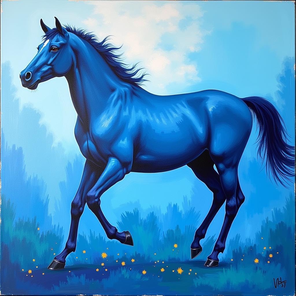 Abstract Blue Horse Painting on Canvas