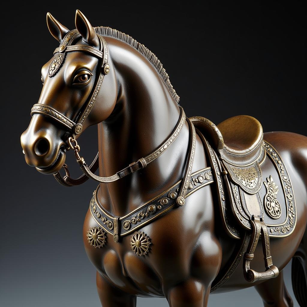 A bronze Tang horse sculpture with intricate details of its saddle, bridle, and musculature, showcasing the artistic mastery of the Tang artisans.