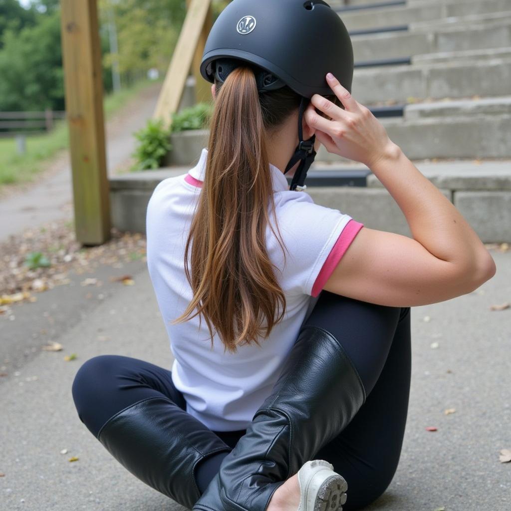 A rider brushing her hair after removing her helmet.