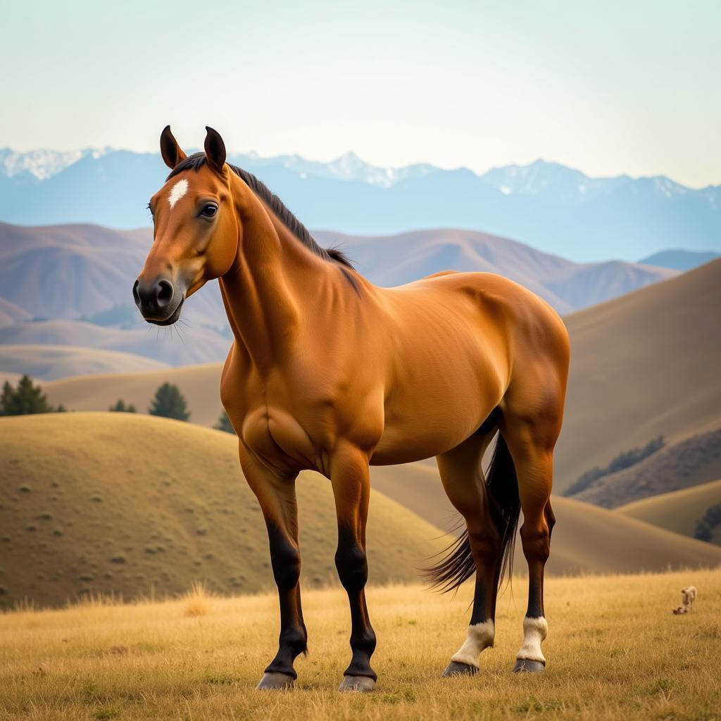 Buckskin Horse with Mountain View