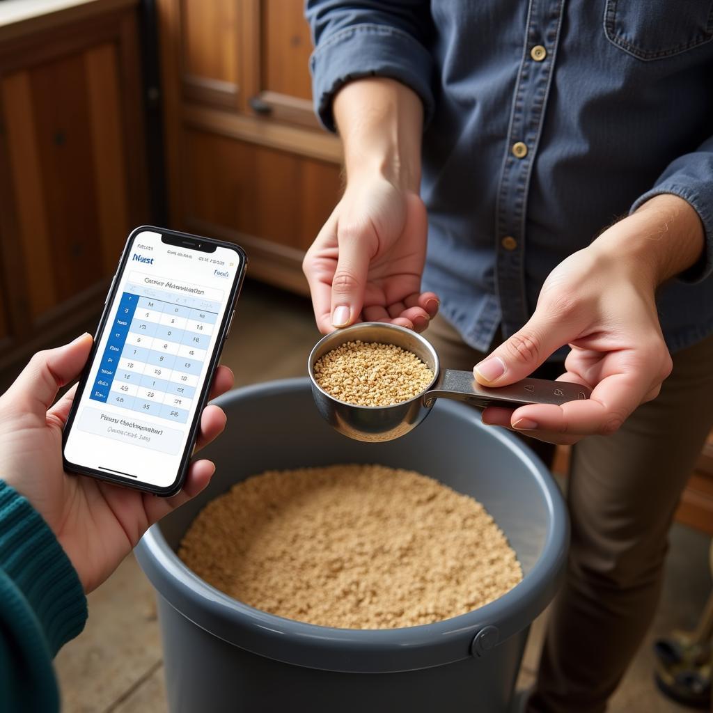 A horse owner measuring grain for their horse.