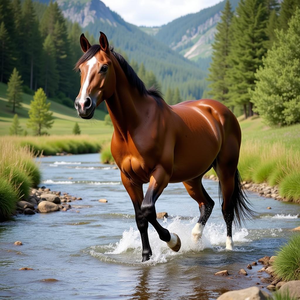 Calm Trail Horse Crossing a Stream