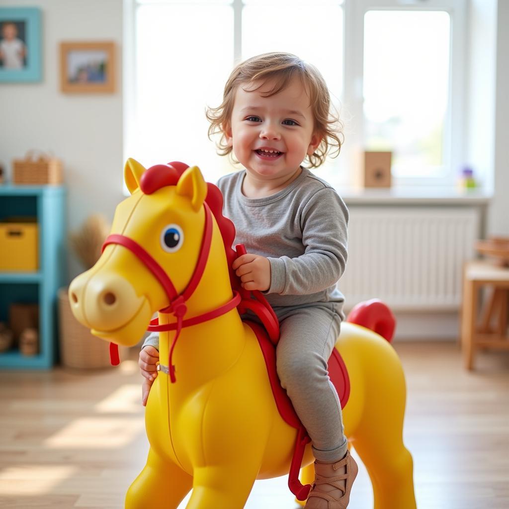 Child happily playing with a galloping toy horse