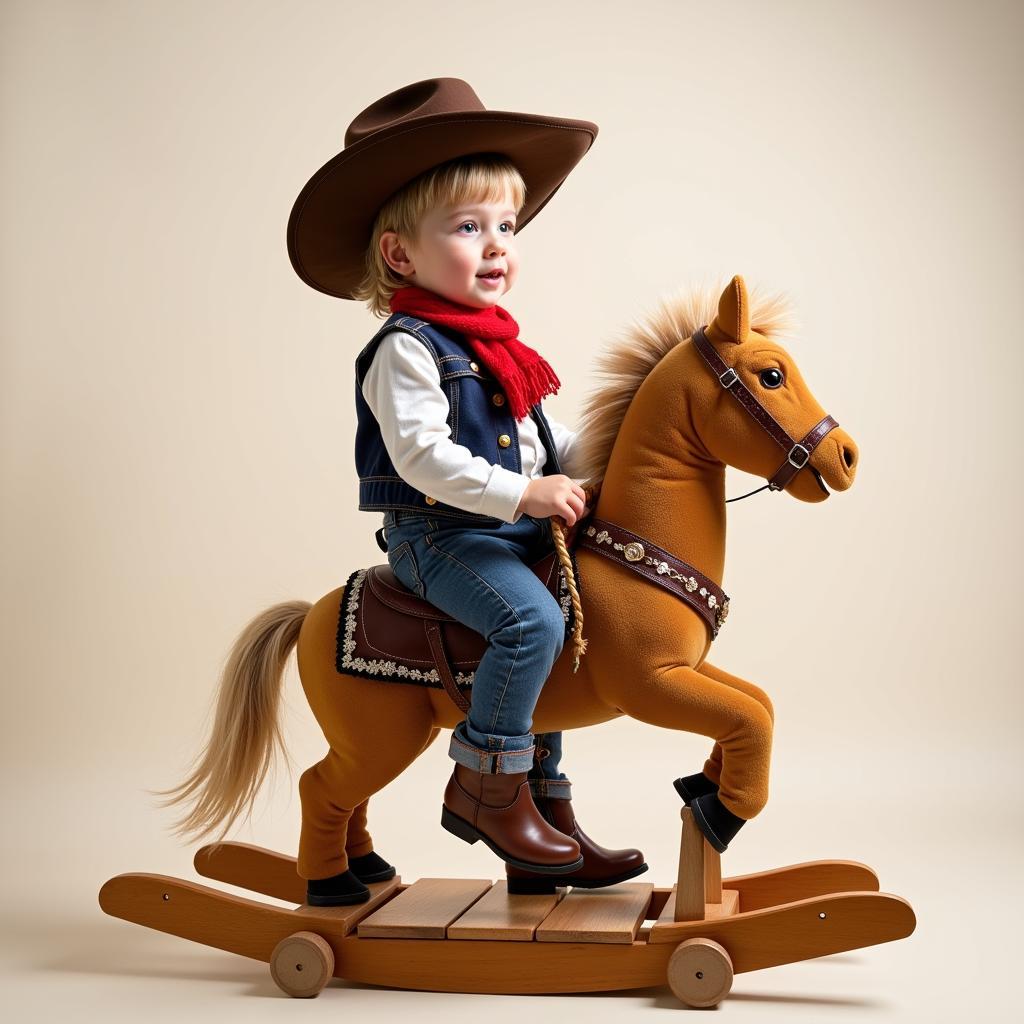 Child playing with a galloping toy horse and various accessories, like a helmet and saddle.