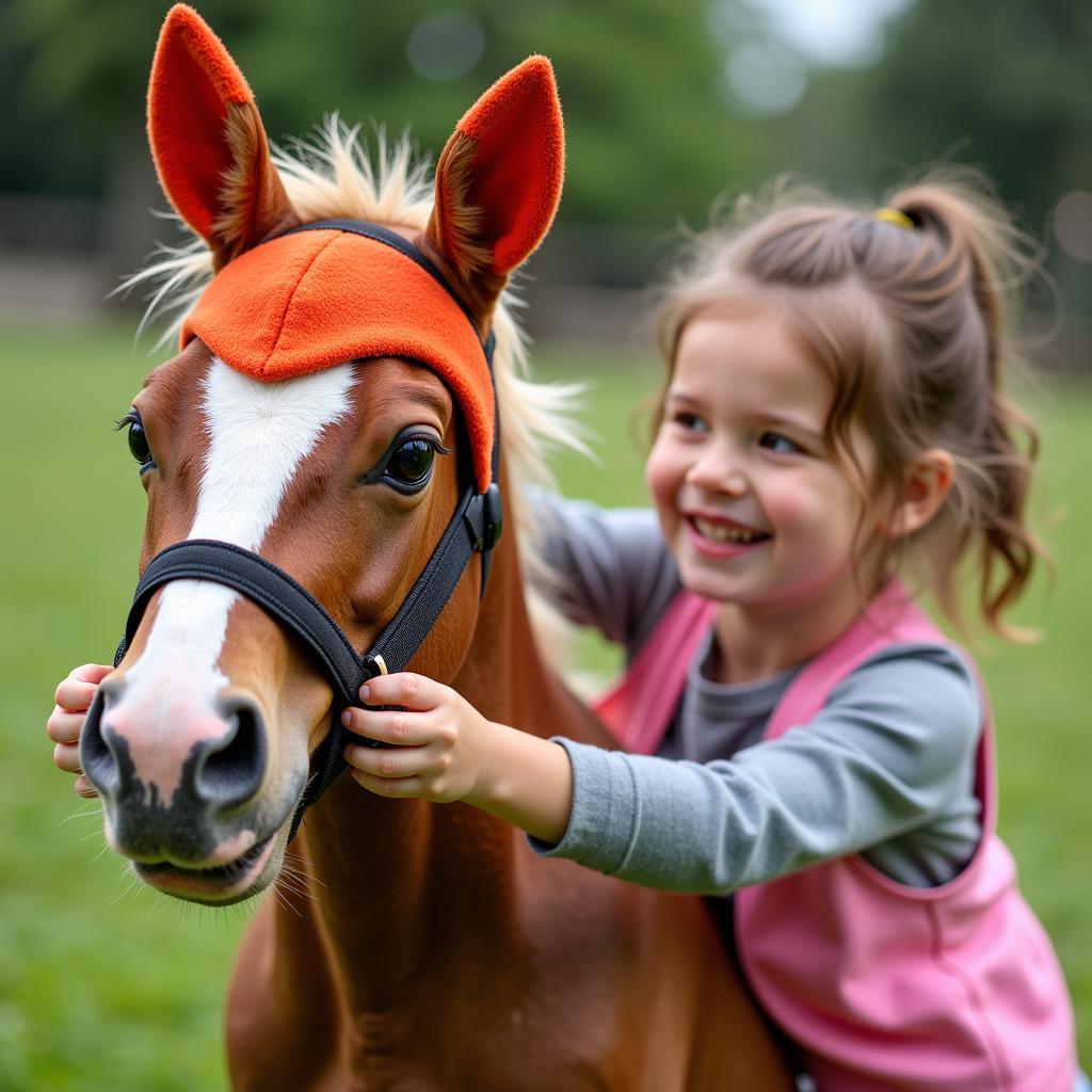 Child Playing with Hobby Horse Wearing a Lemieux Ear Bonnet