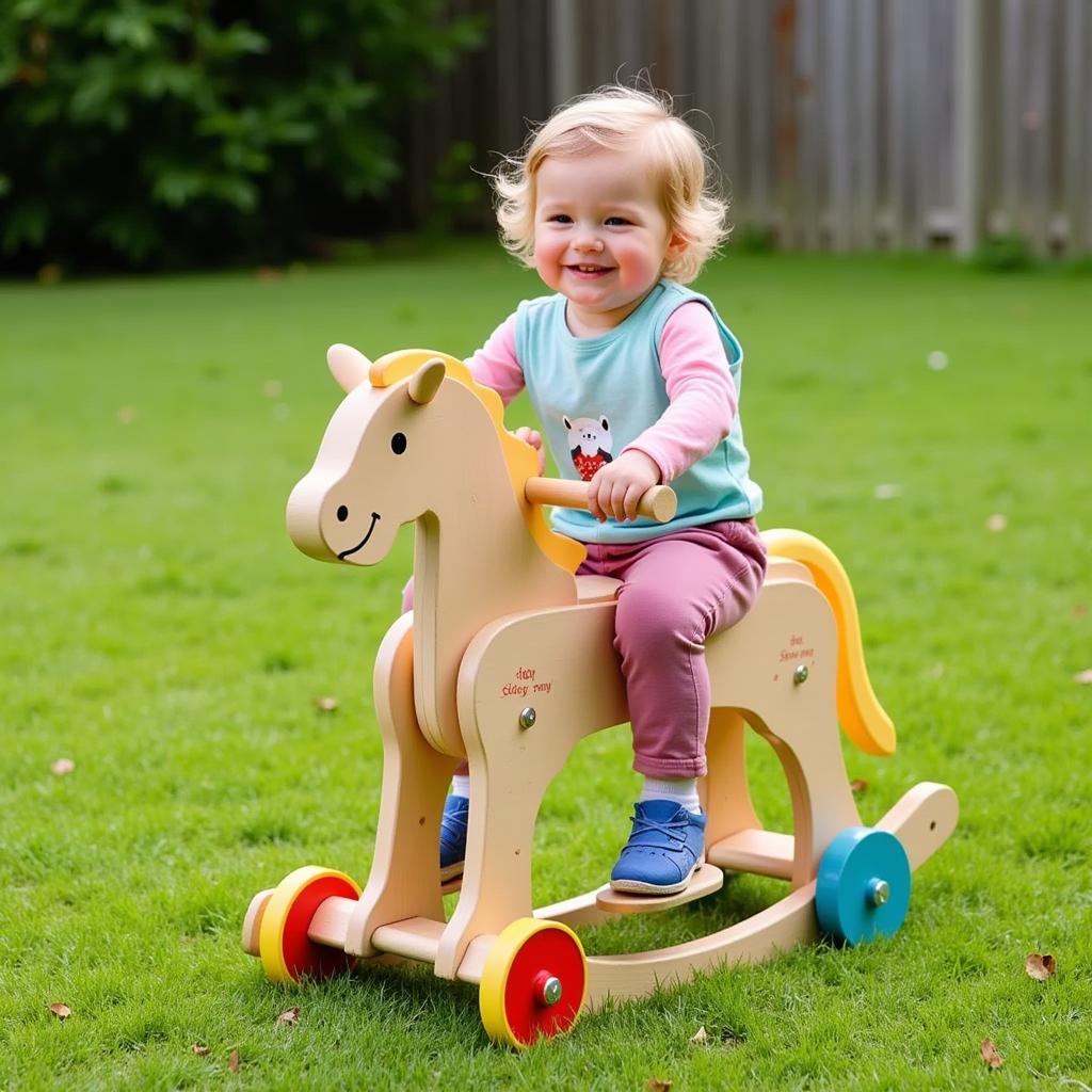 Child playing with a rocking horse on wheels