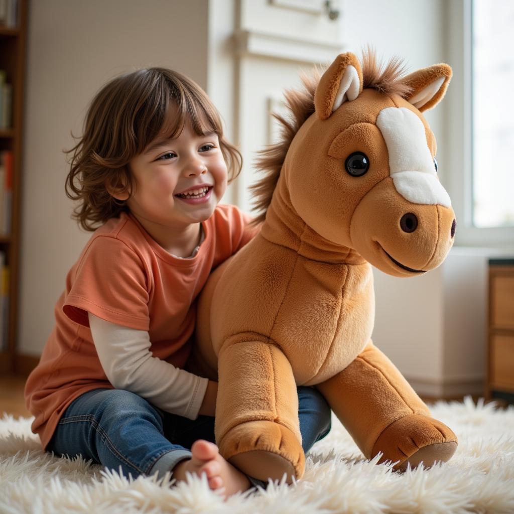 Child Playing with a Stuffed Horse Toy