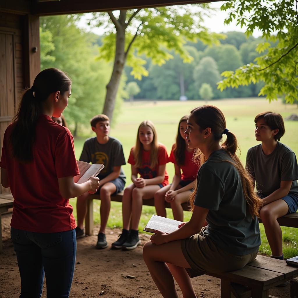 Campers participating in morning devotions at a Christian horse camp