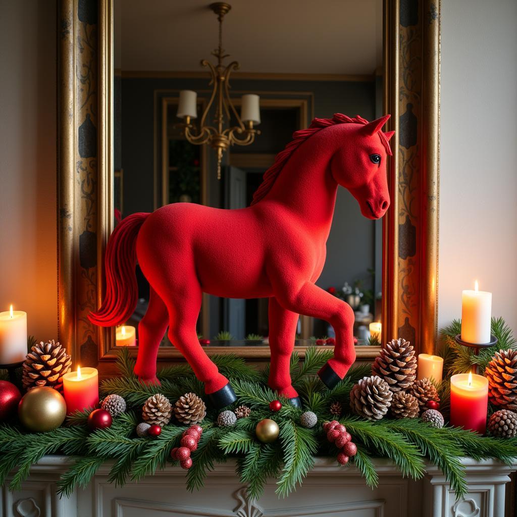 A Christmas dala horse displayed among other festive decorations, creating a warm and inviting holiday scene.