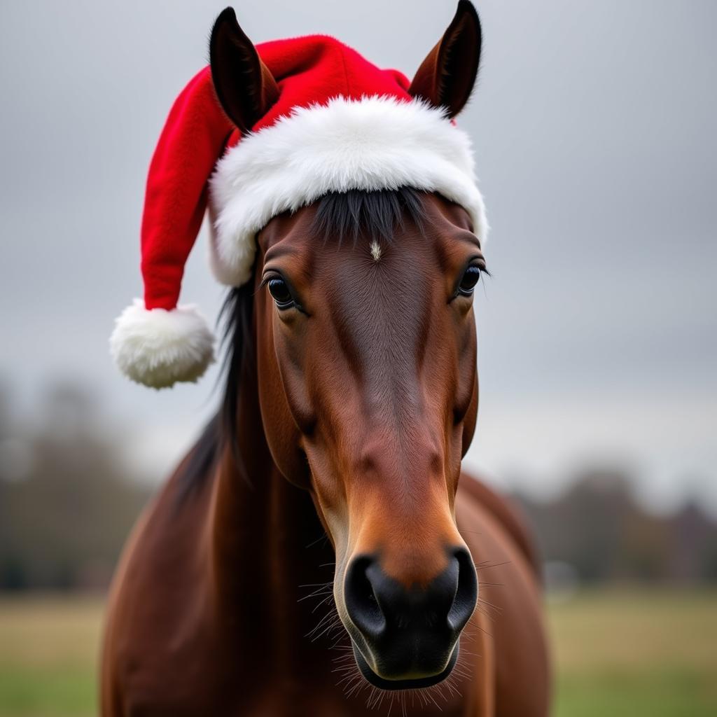 Horse wearing a Santa hat