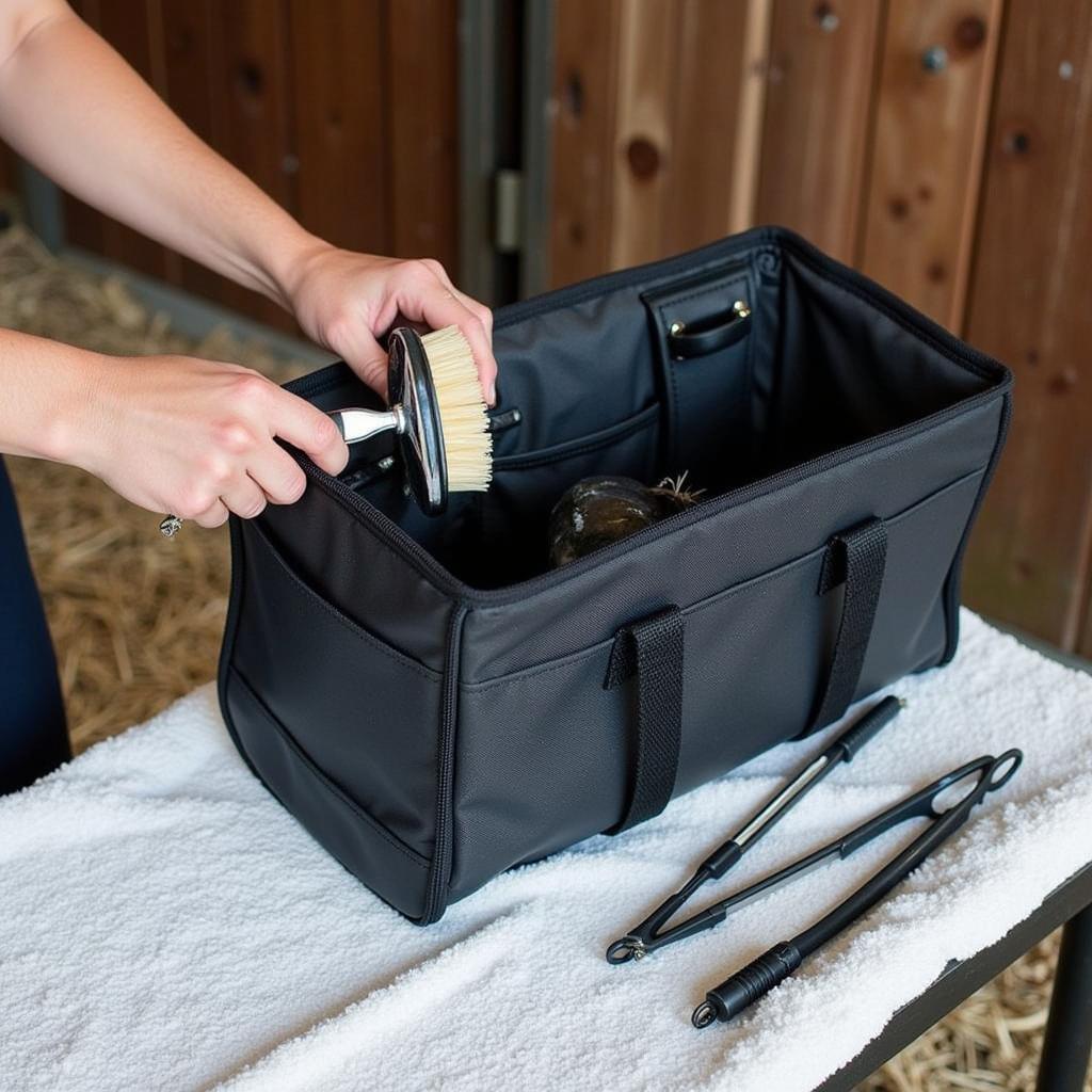 Cleaning a horse grooming bag.