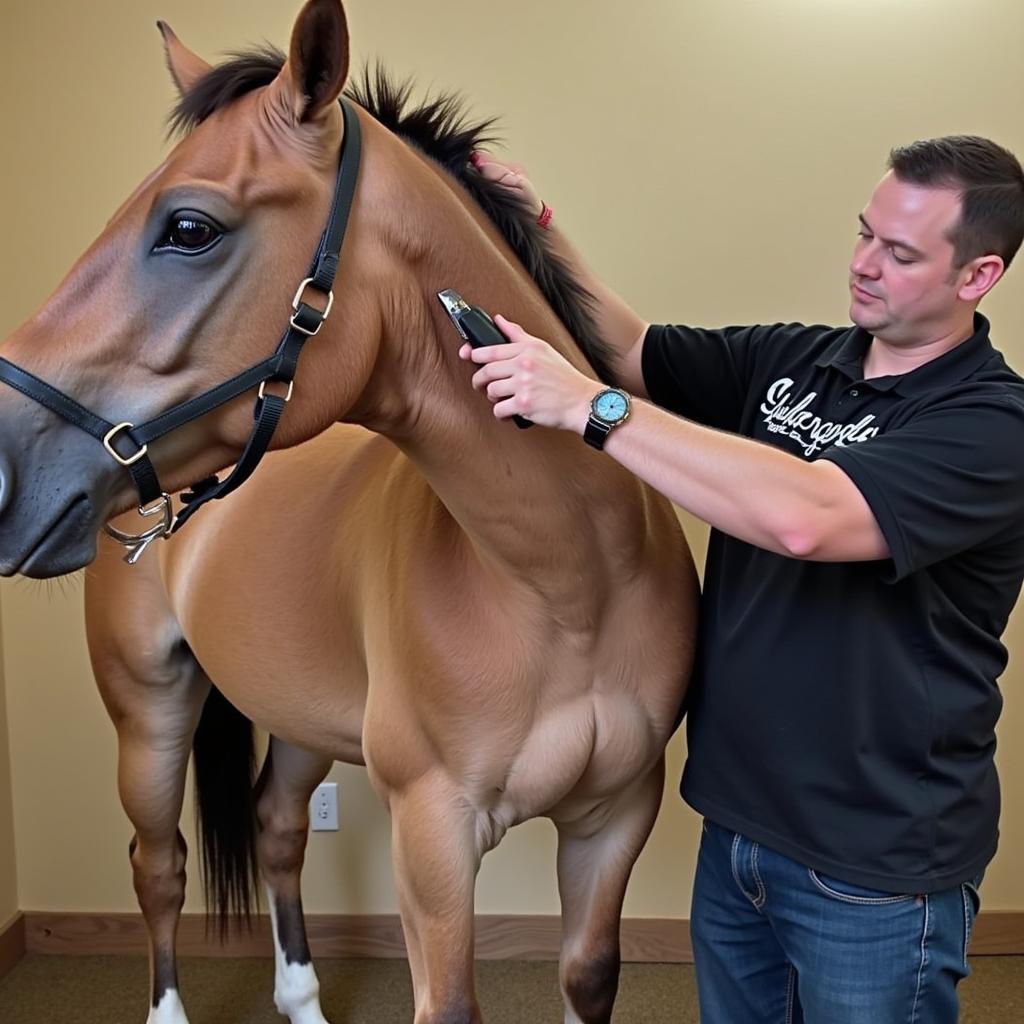 Clipping a horse's mane with clippers for a roached look.