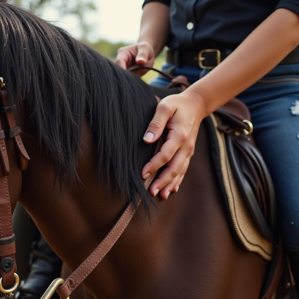 Close-up of a horse and rider showcasing their connection