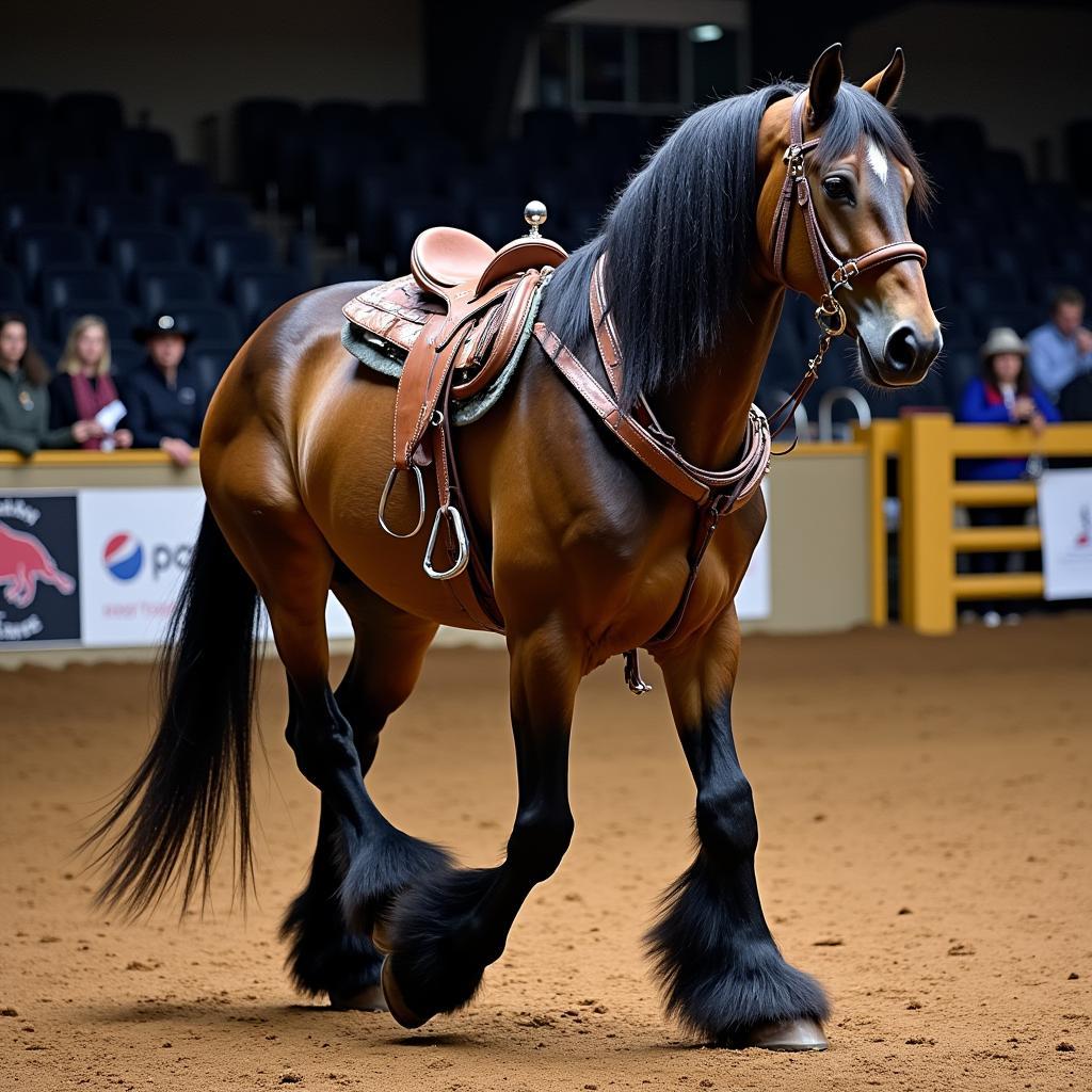 A Clydesdale horse participates in a show competition, showcasing its elegant gait and well-groomed appearance.