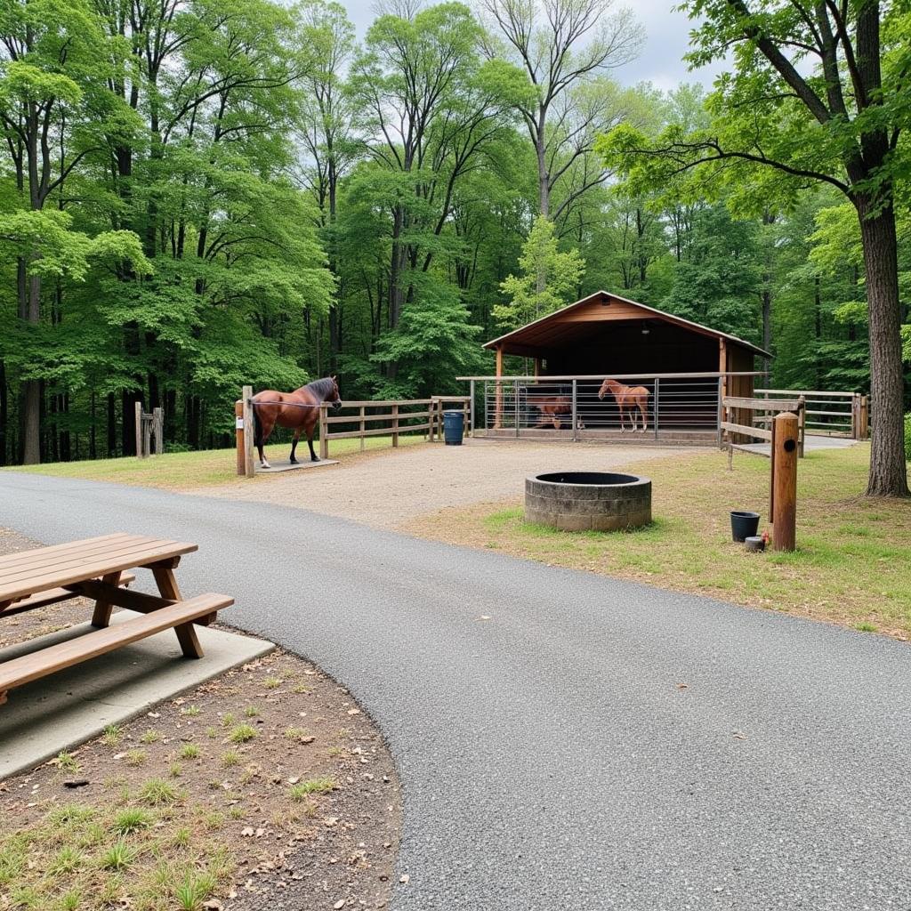 Cuneo Creek Horse Camp Campsites: A well-equipped campsite at Cuneo Creek Horse Camp with a corral, hitching post, picnic table, and fire ring.