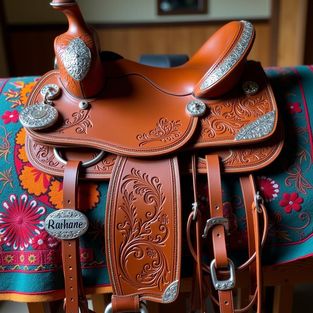 Custom horse tack and accessories like saddles, bridles, and blankets.