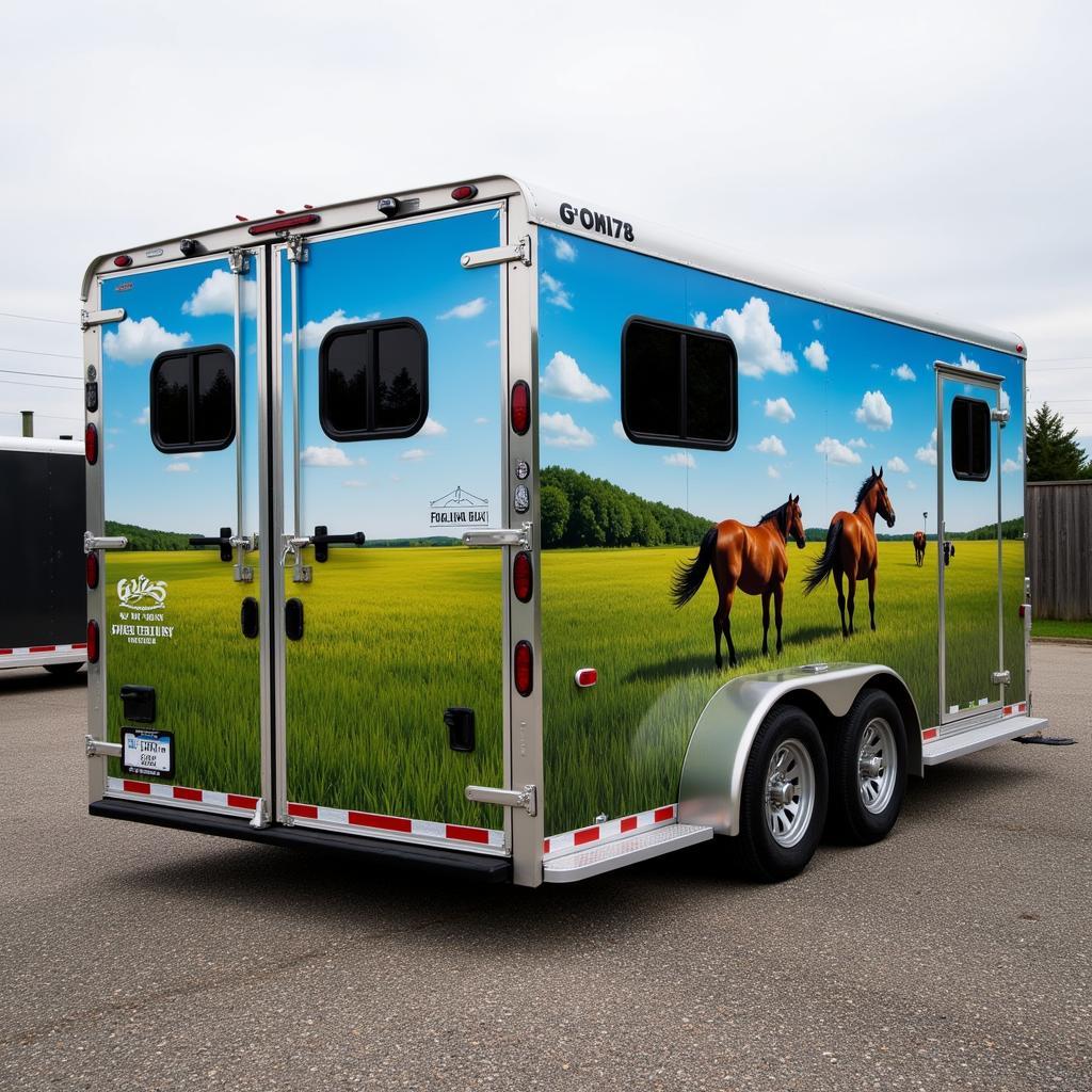 A custom painted horse trailer with a unique design.