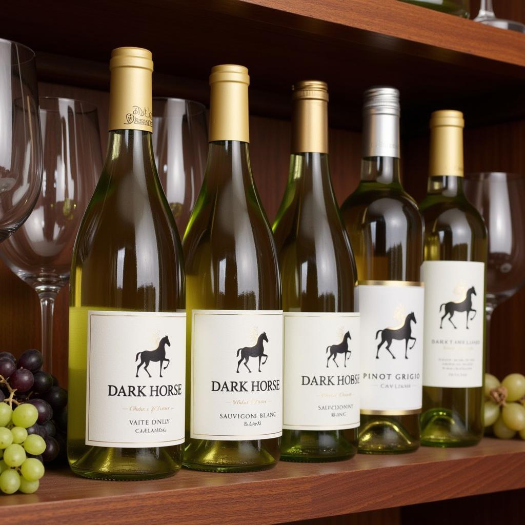 Bottles of Dark Horse White Wine varieties displayed on a shelf