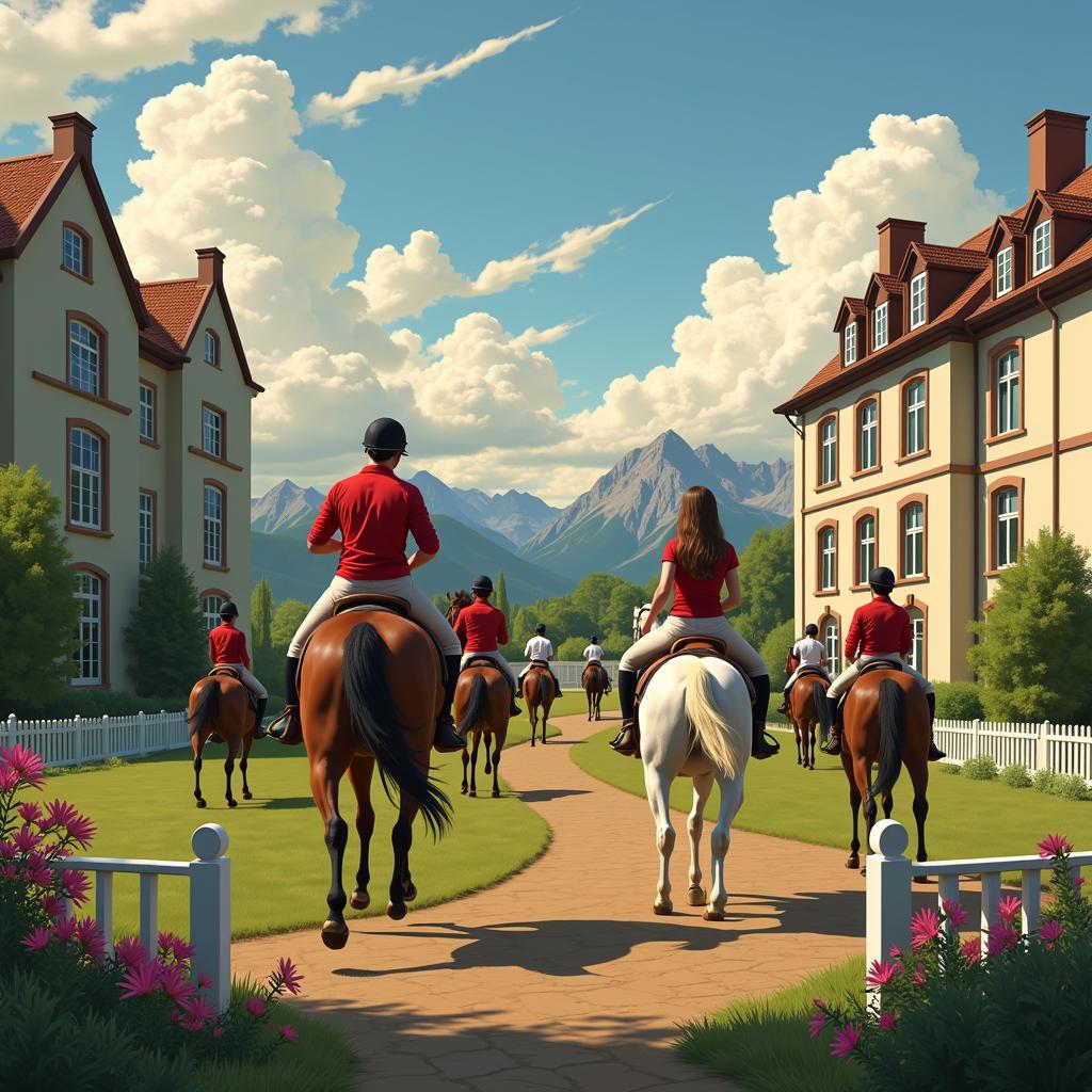 Dark Horses Equestrian World: A depiction of the prestigious boarding school and its equestrian facilities, showcasing the beauty and intensity of the setting.