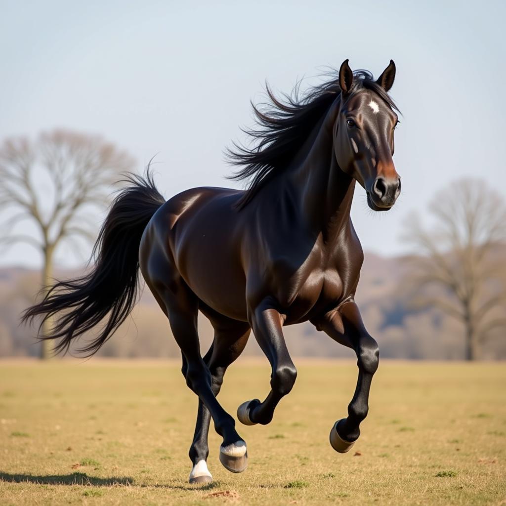 Dark Sorrel Horse Running in a Field