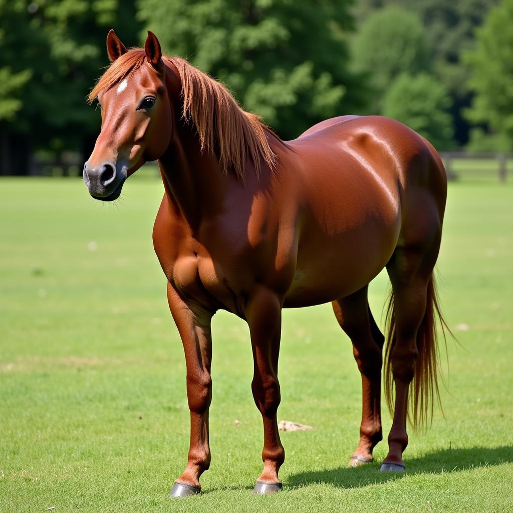 Dark Sorrel Horse Standing in a Pasture