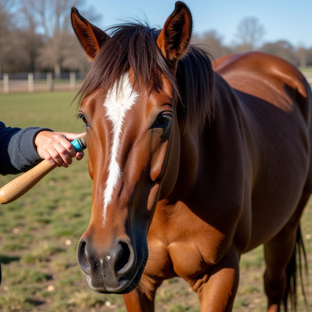 Horse shedding winter coat in spring with a deshedding brush