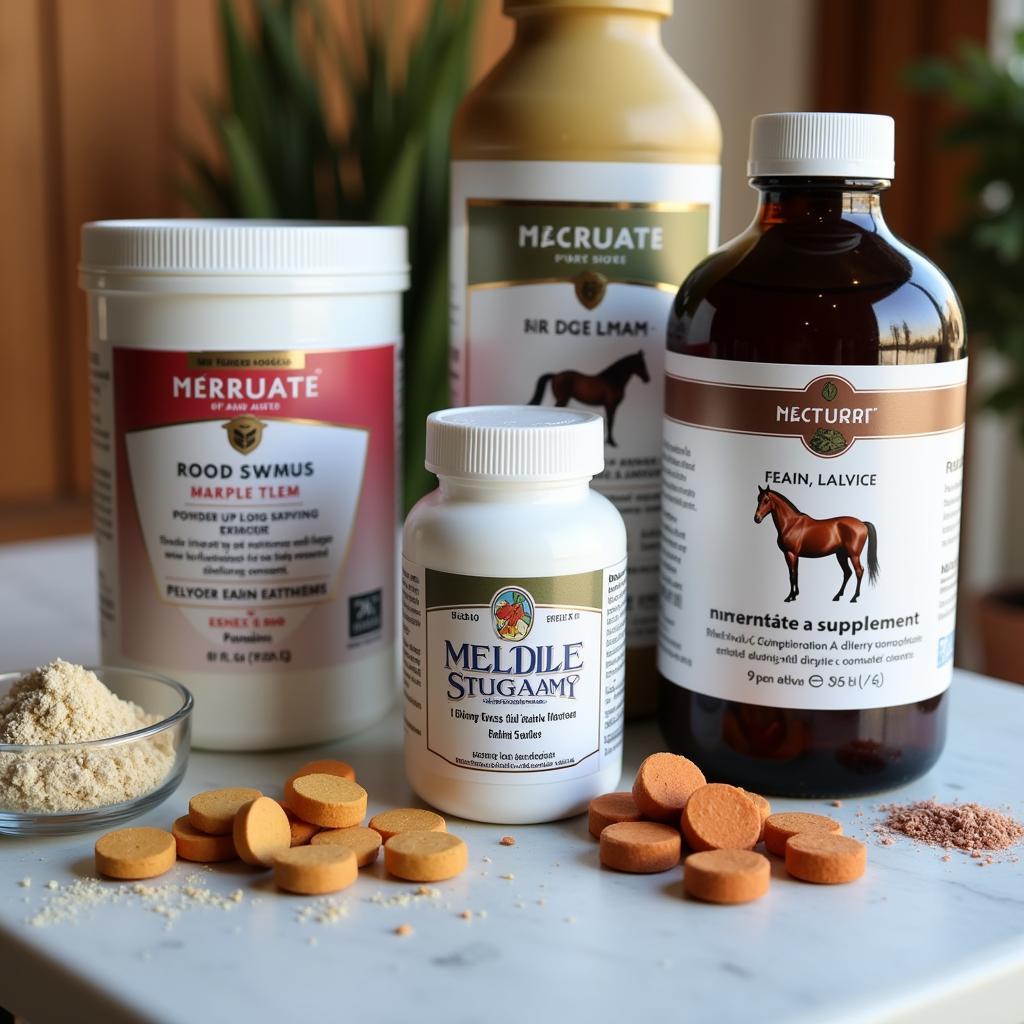 Various horse allergy supplements in different forms like powders, liquids, and chewable tablets.