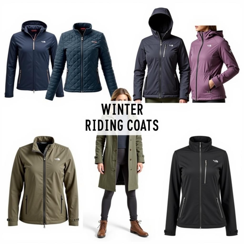 Various styles of winter riding coats hanging on a rack