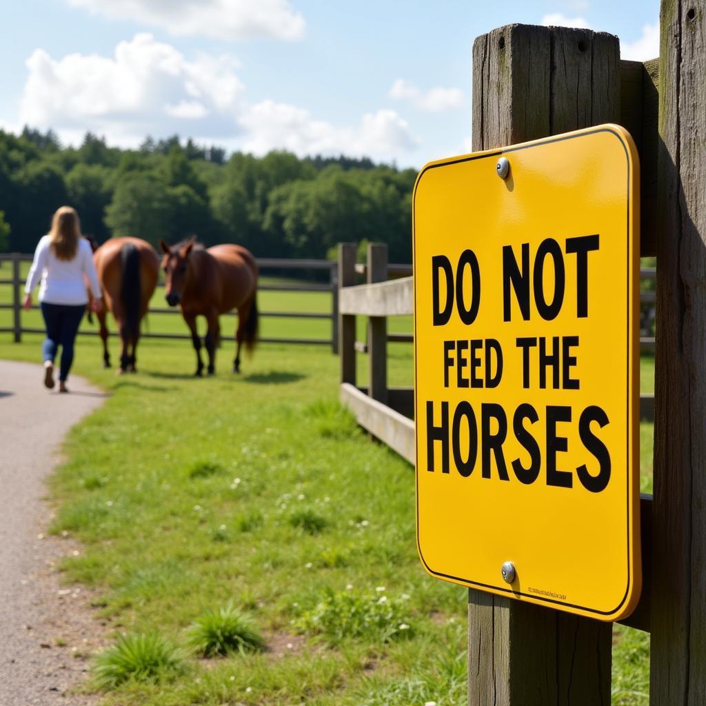 A "Do Not Feed the Horses" sign prominently displayed in a public park.