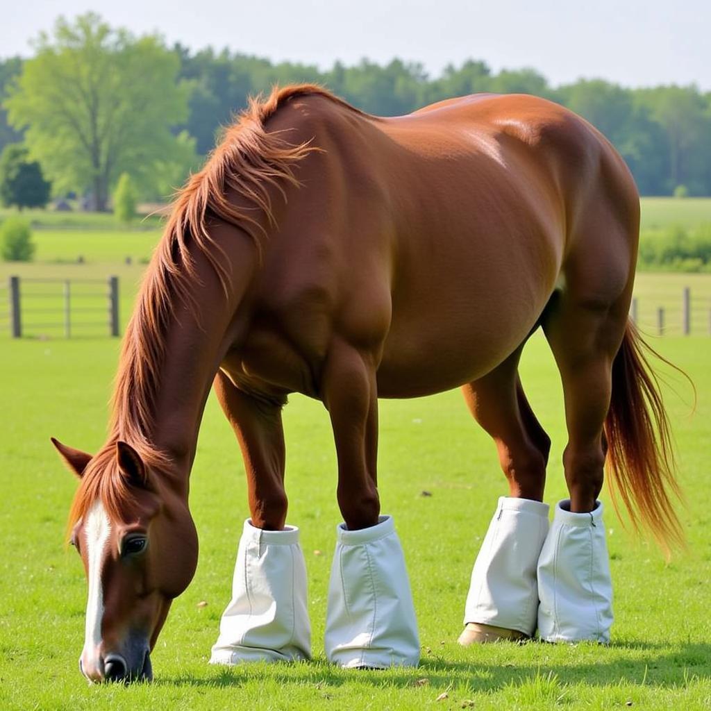 Draft horse in turnout with fly boots