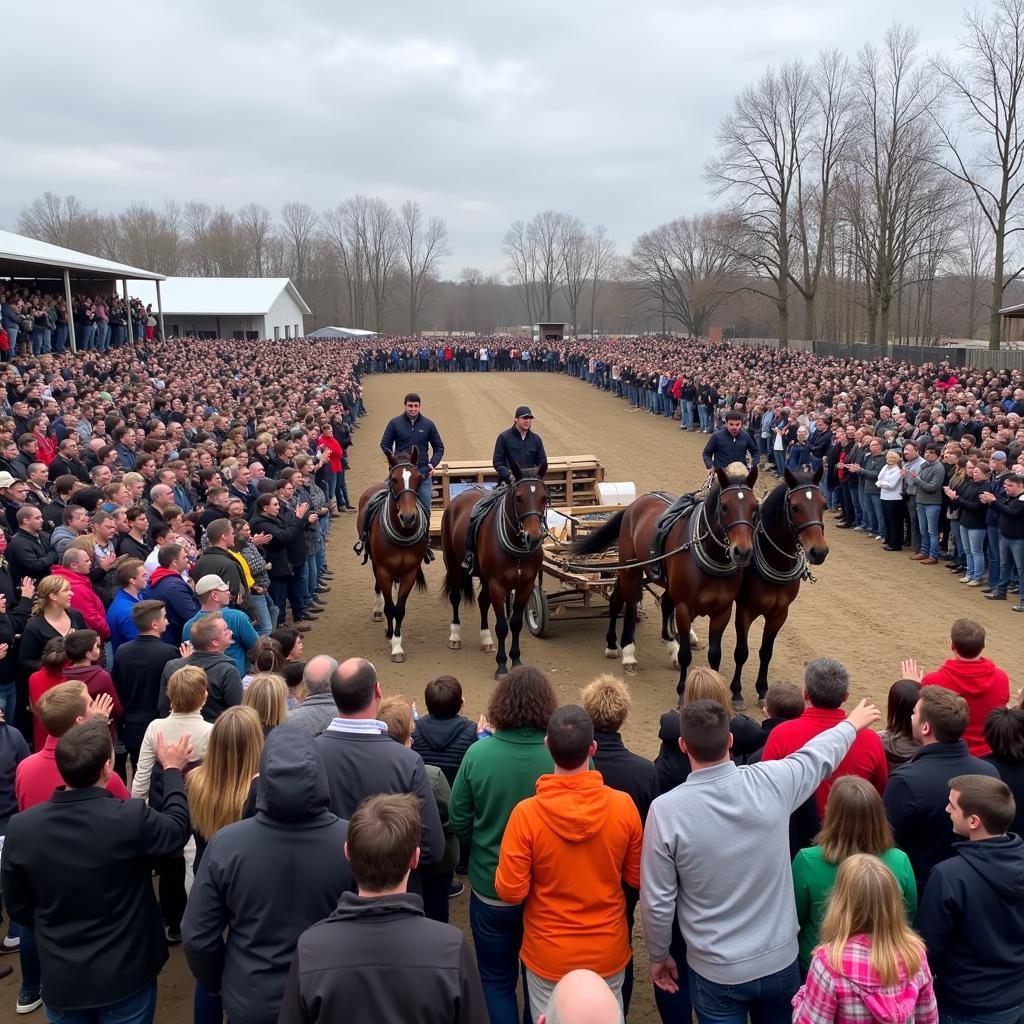 Large crowd cheering at a draft horse pulling competition