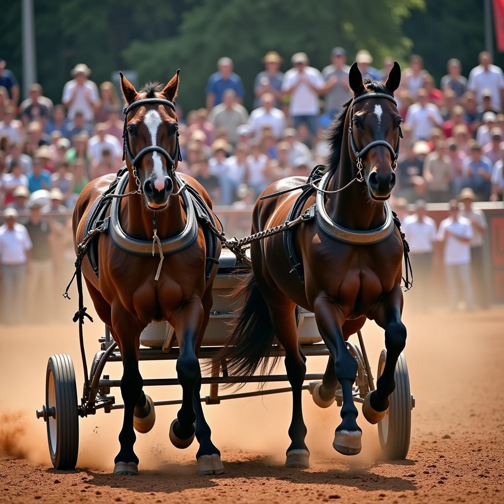 Draft horses pulling a weighted sled in a competition