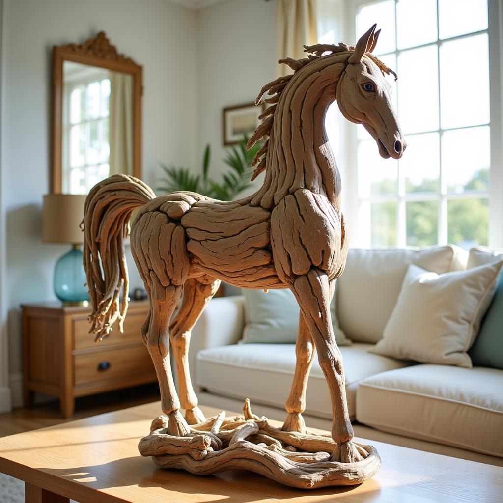 Driftwood horse sculpture displayed in a coastal-themed living room, showcasing the natural texture and artistic craftsmanship.