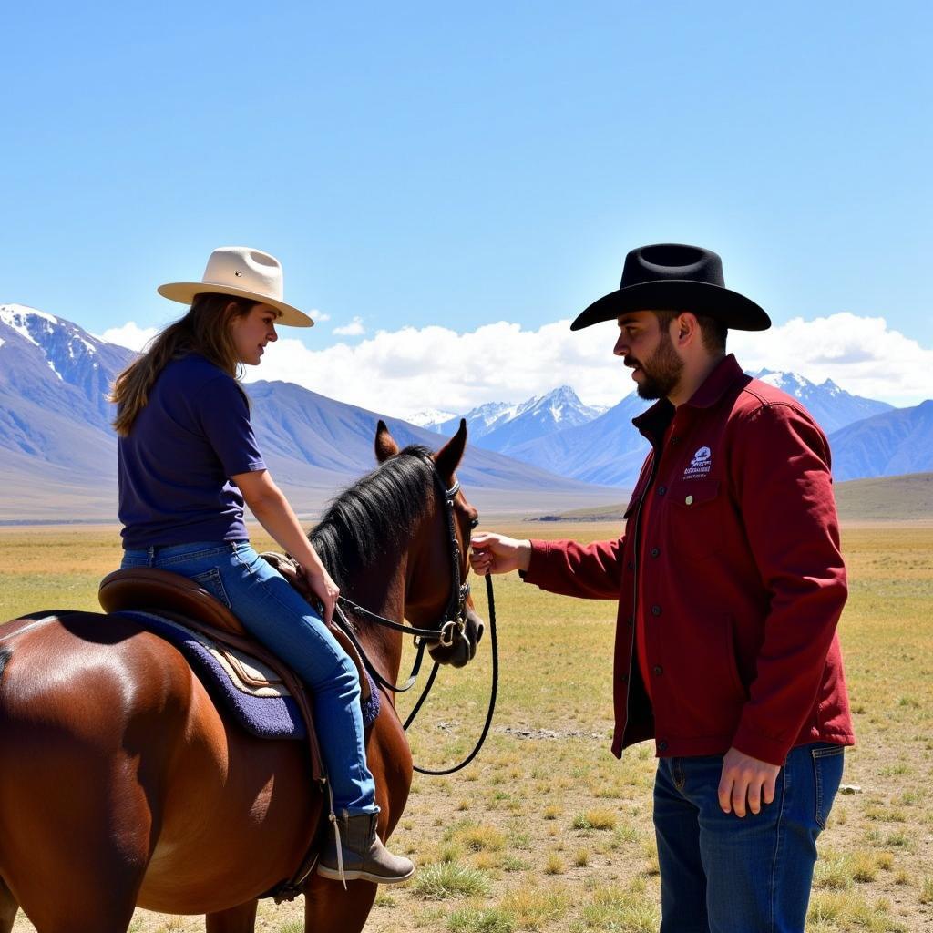 A gaucho guide providing riding instructions to a tourist before a horseback riding excursion in El Calafate