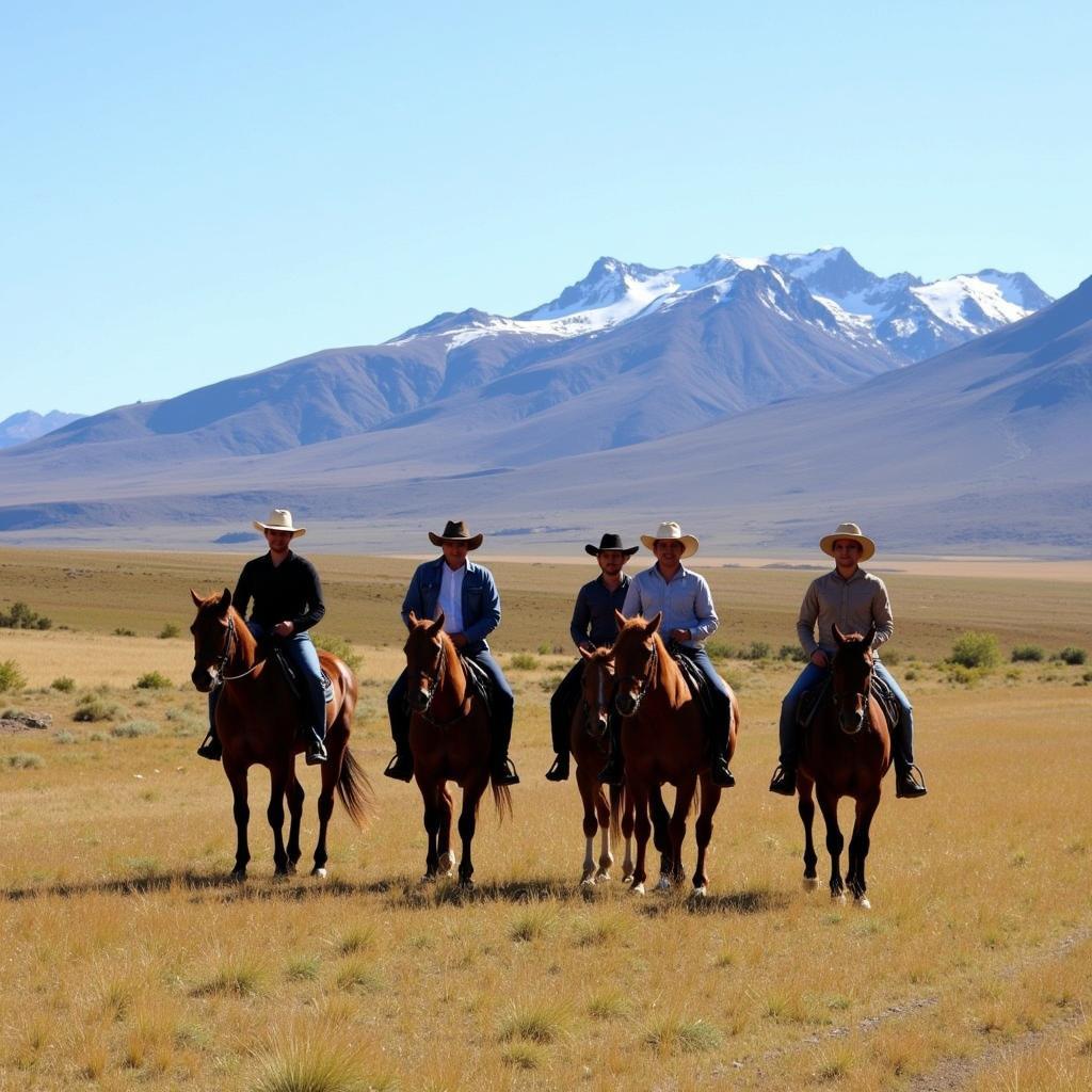 A group of riders enjoying a guided horse riding tour in the scenic landscapes surrounding El Calafate