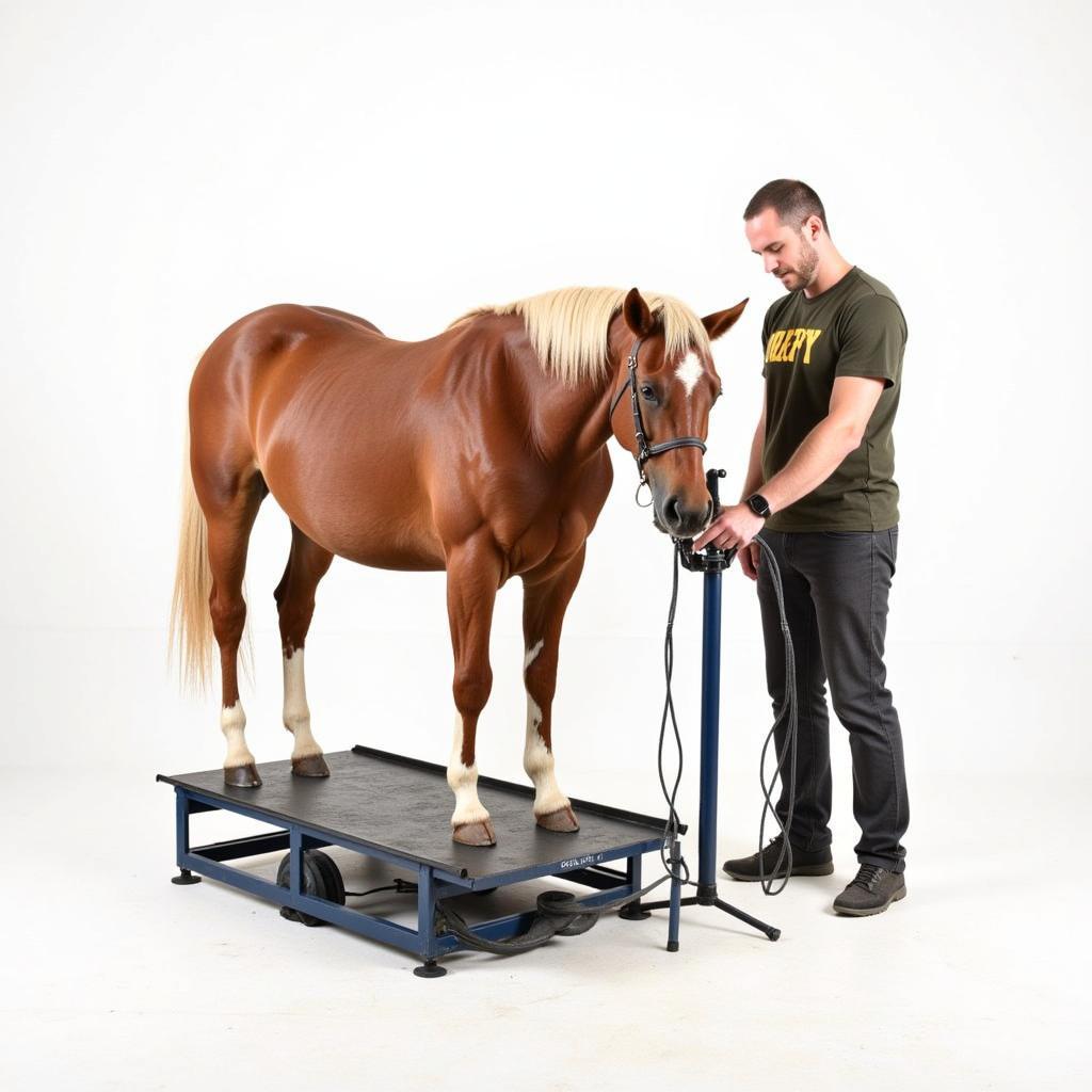 Farrier working comfortably and safely using a shoeing stand