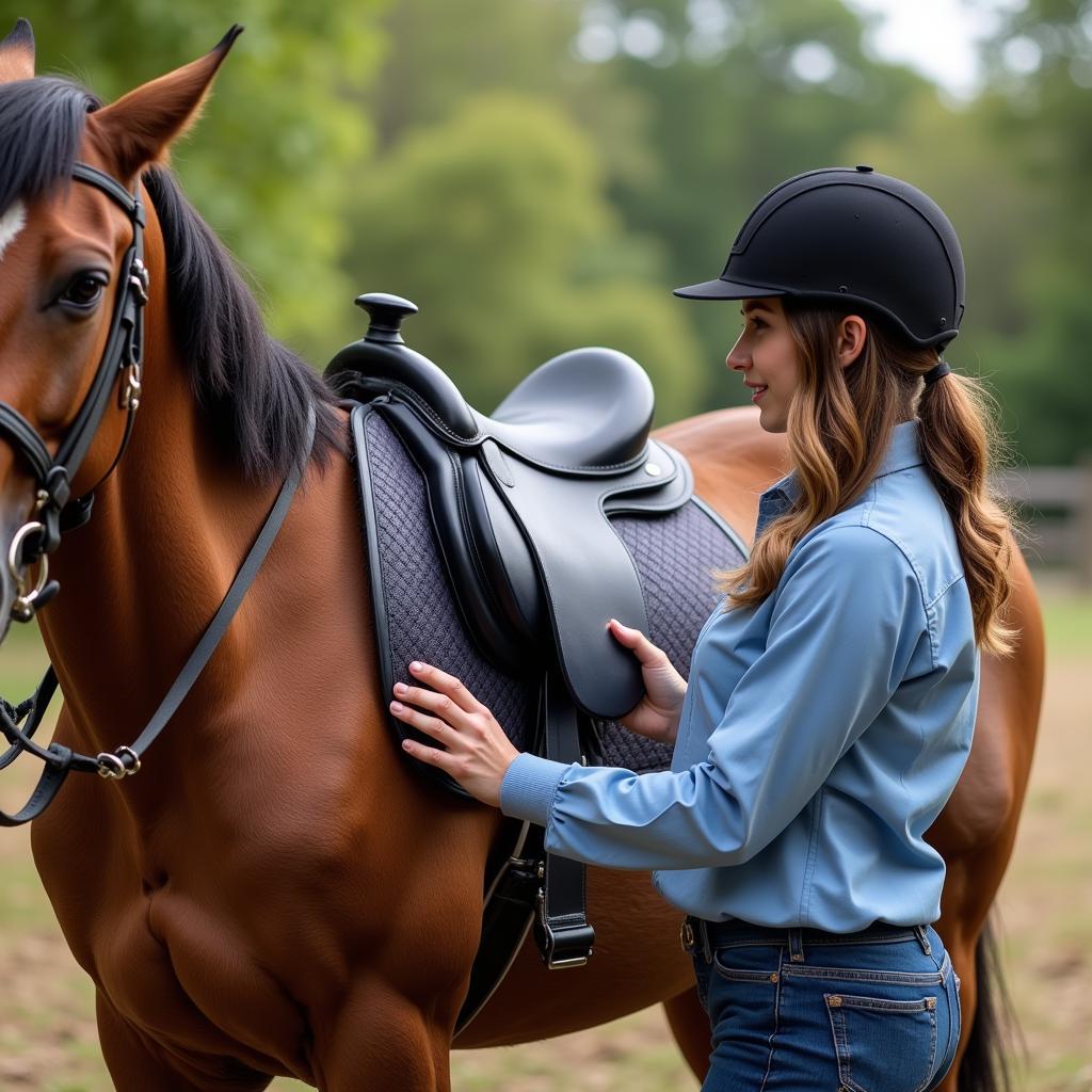 Female Horse Rider Checking Saddle Fit