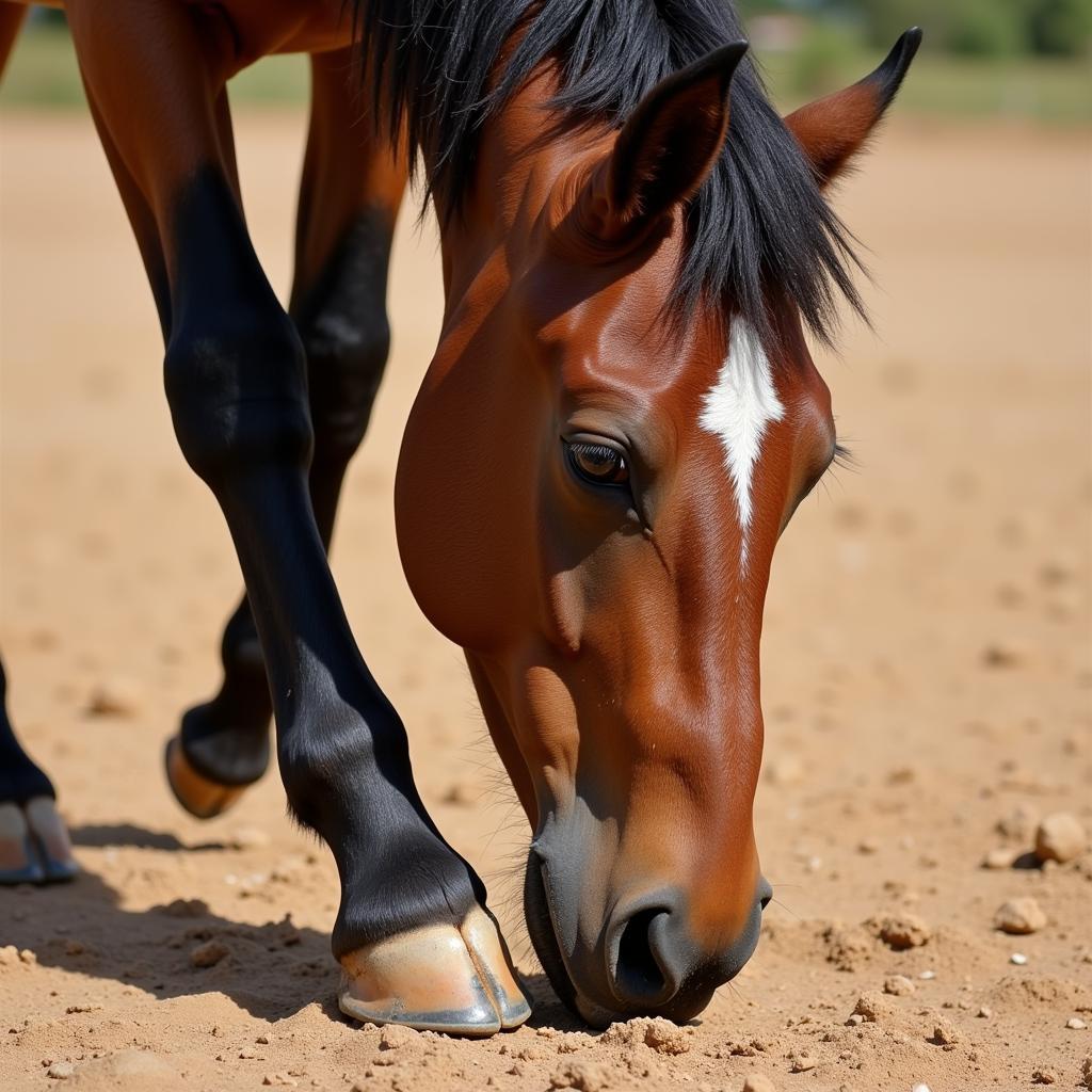 A horse pawing the ground impatiently.